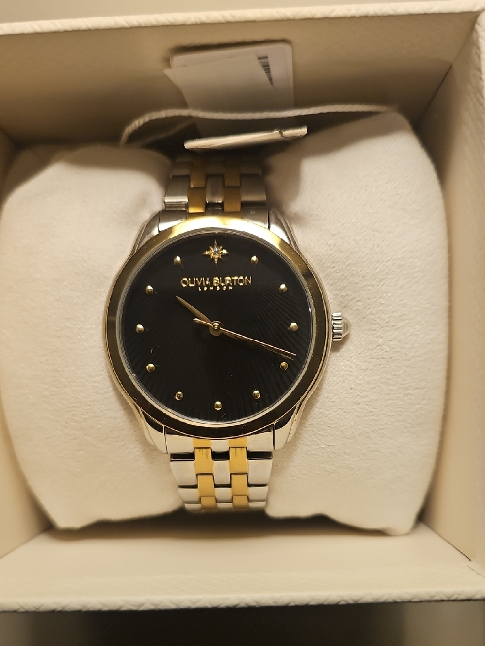 OLIVIA BURTON Two-Tone Gold & Silver Bracelet Watch with Black Dial